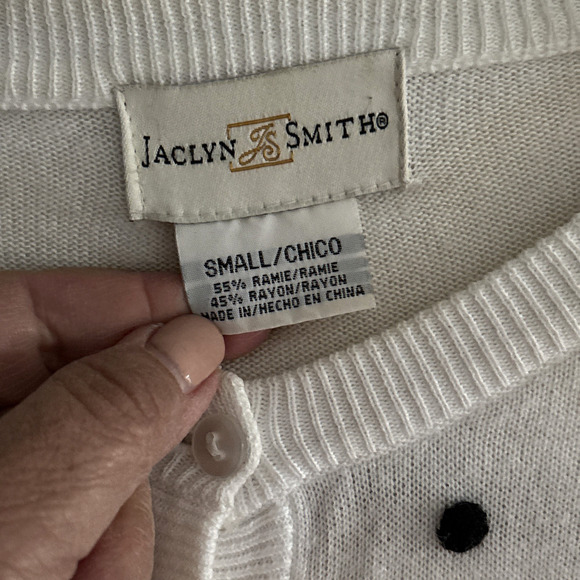 Vtg 90s Y2K Cardigan Polka Dots White Small Jaclyn Smith Fitted - Picture 2 of 7